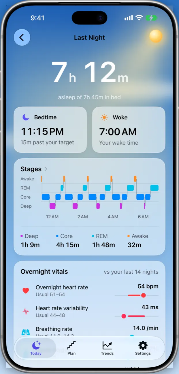 Bedhead's Last Night screen in light mode: 7h 12m asleep, bedtime, wake time, overnight vitals and stages